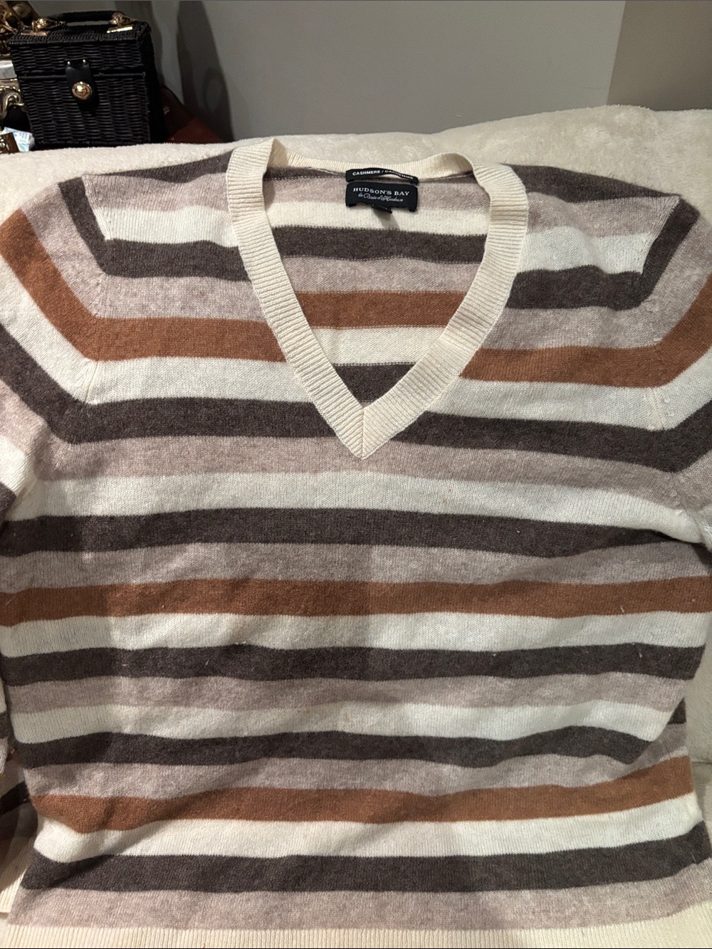 Hudson's Bay Women's Striped V-Neck Sweater in Cream, Brown & Tan 100% cashmere